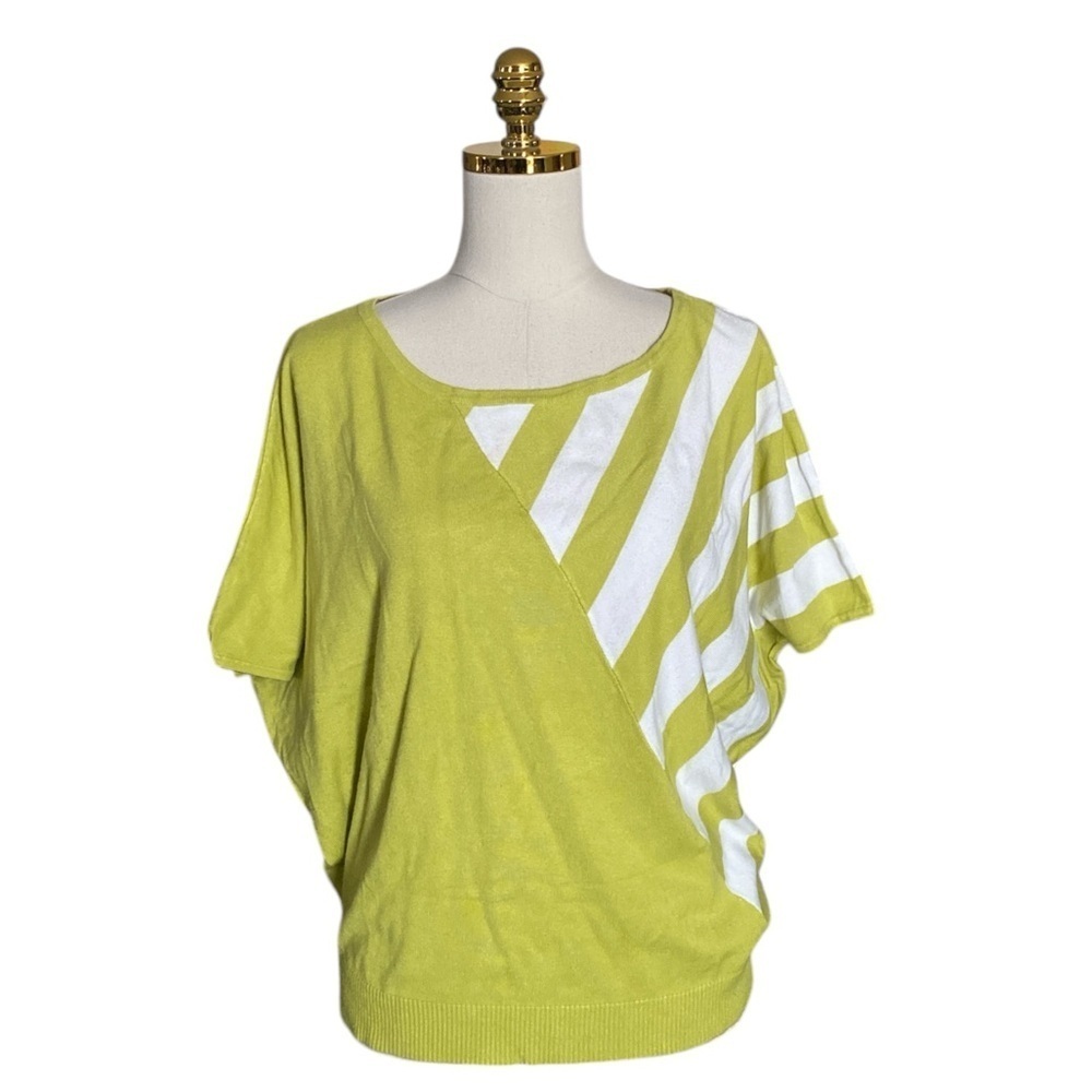 Chelsea & Theodore Dolman Colorblock Lime Green/ White Striped Womens Knit Top L